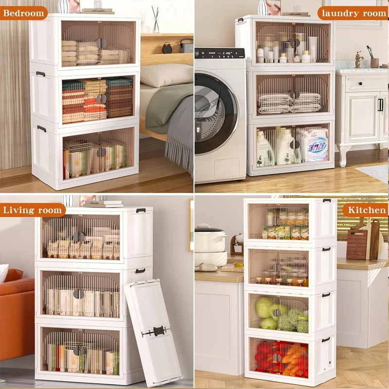 

5 Pack Plastic Storage Bins With Wheels Double Doors Living Room Cabinets Portable Foldable Box Closet Storage Organization