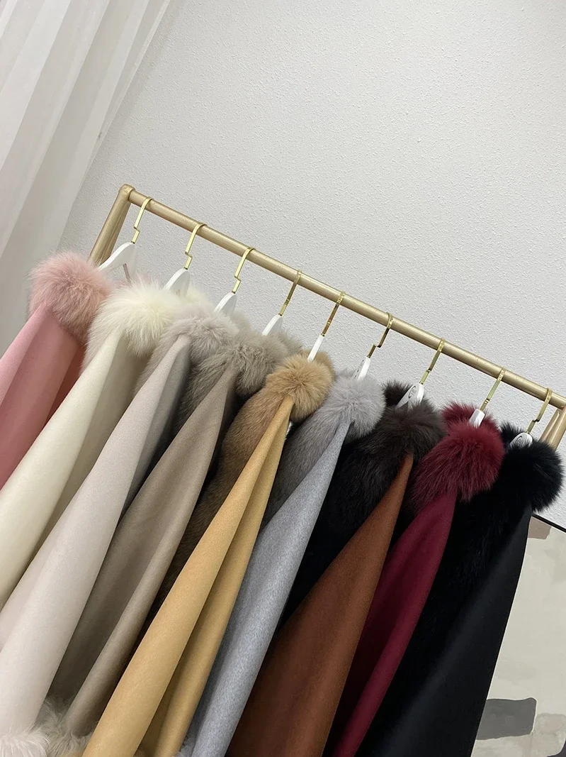 Autumn Winter Mid-length Coat Women's Clothes Solid Wool Double-sided Wool Tweed Fox Fur Collar Fur Cape Shawl Cloak Type Jacket