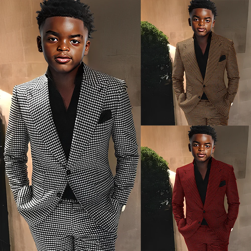 2 Piece Plaid Boy Suits for Wedding Houndstooth Checkered Kids Tuxedos Boy Fashion Clothes Costumes Set Jacket with Pants