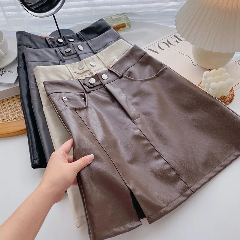 Korean Preppy Style Women Mini Skirts Japanese Style High Waist PU Skirt Vintage Solid Autumn Winter A-Line Faldas Mujer black leather skirt