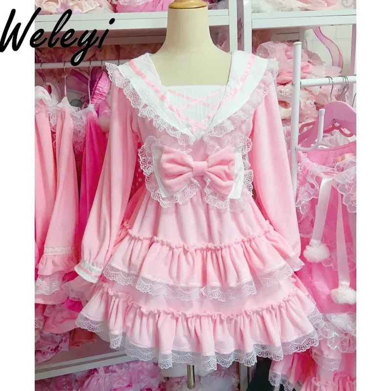 

Kawaii Sweet Pink Rojita Dress for Women 2024 Spring New Original Preppy Style Cute Bow Long Sleeved Fleece Lined Fairy Dresses