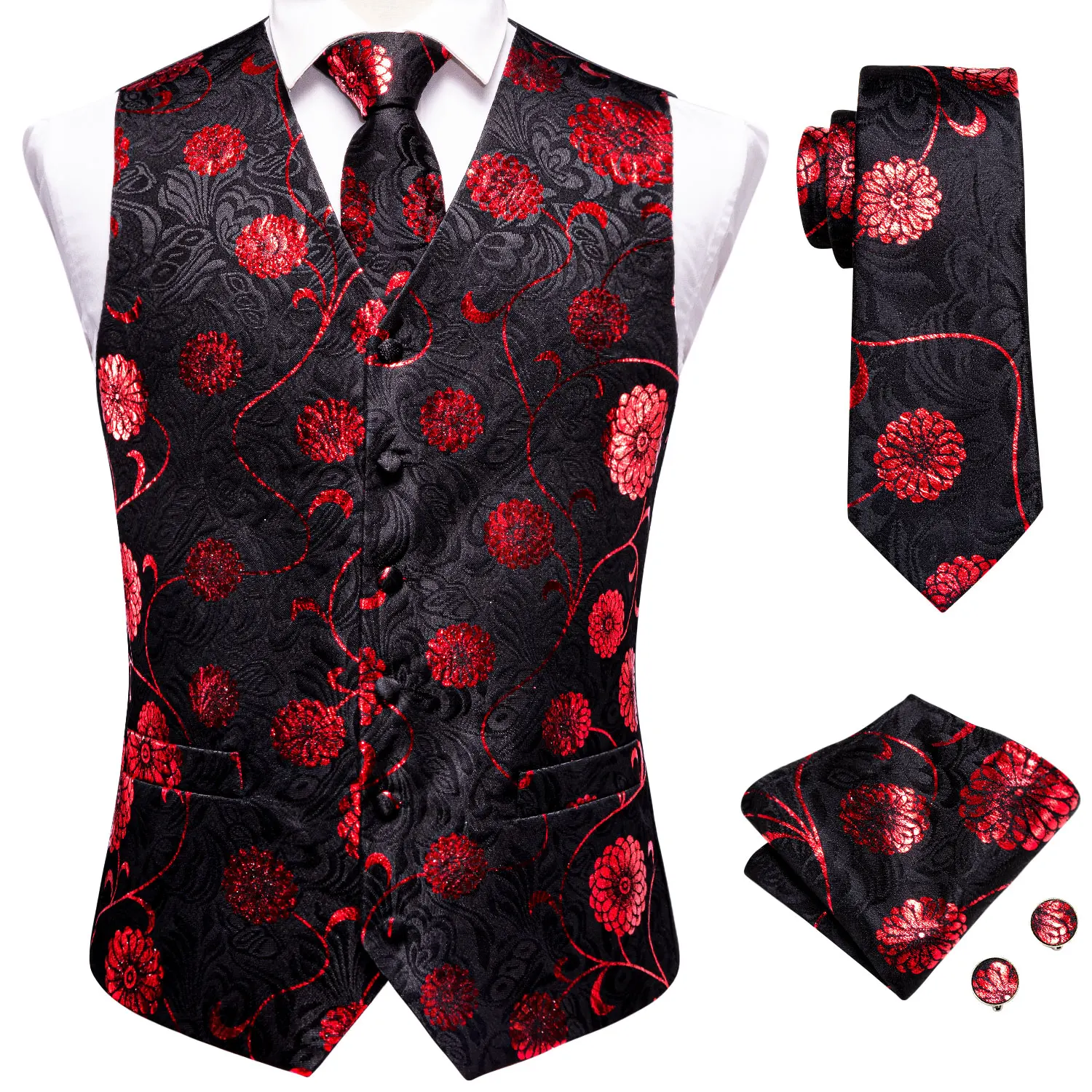 Hi-Tie Black Red Floral Silk Mens Vest Tie Set Jacquard Waistcoat Sleeveless Jacket Necktie Hanky Cufflinks Wedding Business XXL 2