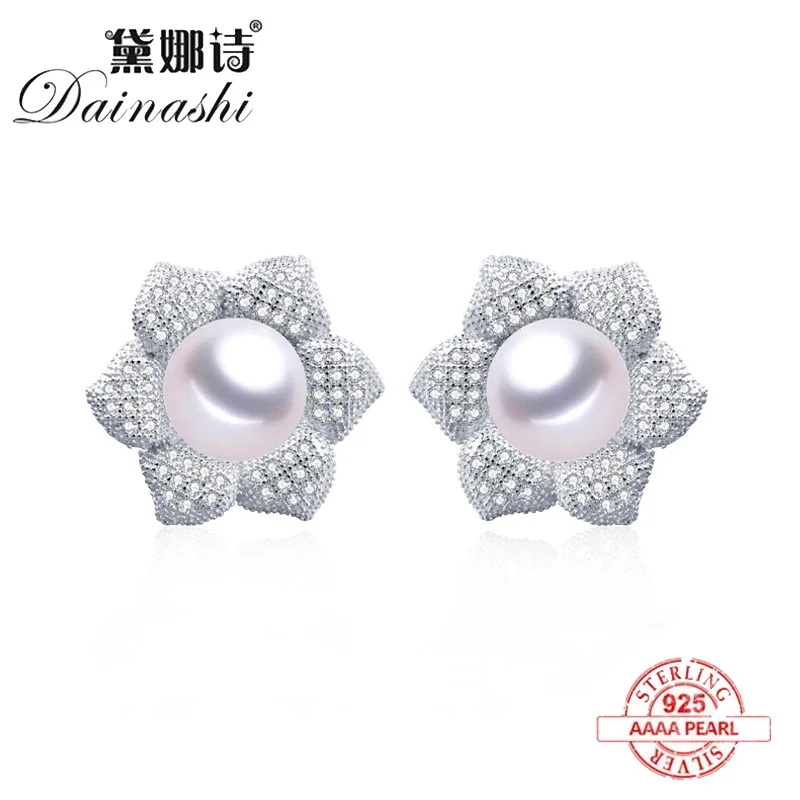 

Luxury Big Natural Freshwater Pearl Flower Stud Earrings For Women Fashion Silver 925 Zircon Wedding Jewelry