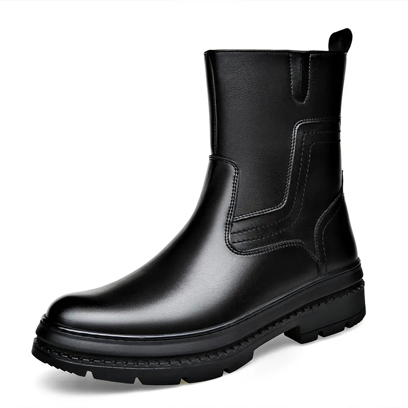 

High Top Autumn Winter Fleece Platform Shoes Men 2023 New Designer Leather Boots British Style Work Men's Chelsea Boots