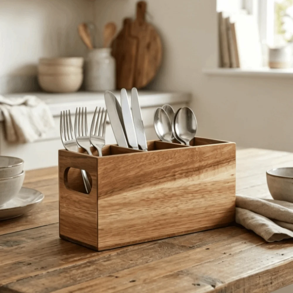 Organizzatore per Utensili da Cucina in Legno, Portaoggetti a 3 Scomparti, Resistente, Salvaspazio, Rustico, Scatola Porta Posate da Piano di Lavoro