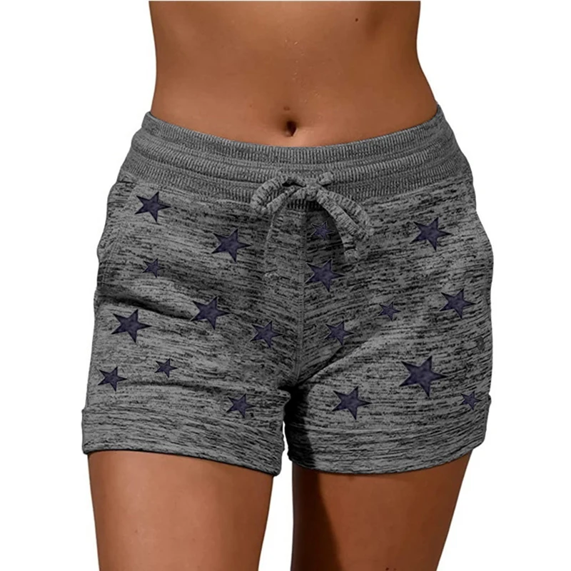 

Women Cotton Blended Shorts Casual Loose Solid Striped and Star Print Mid Waist Drawstring Pockets Sports Style Women Pants