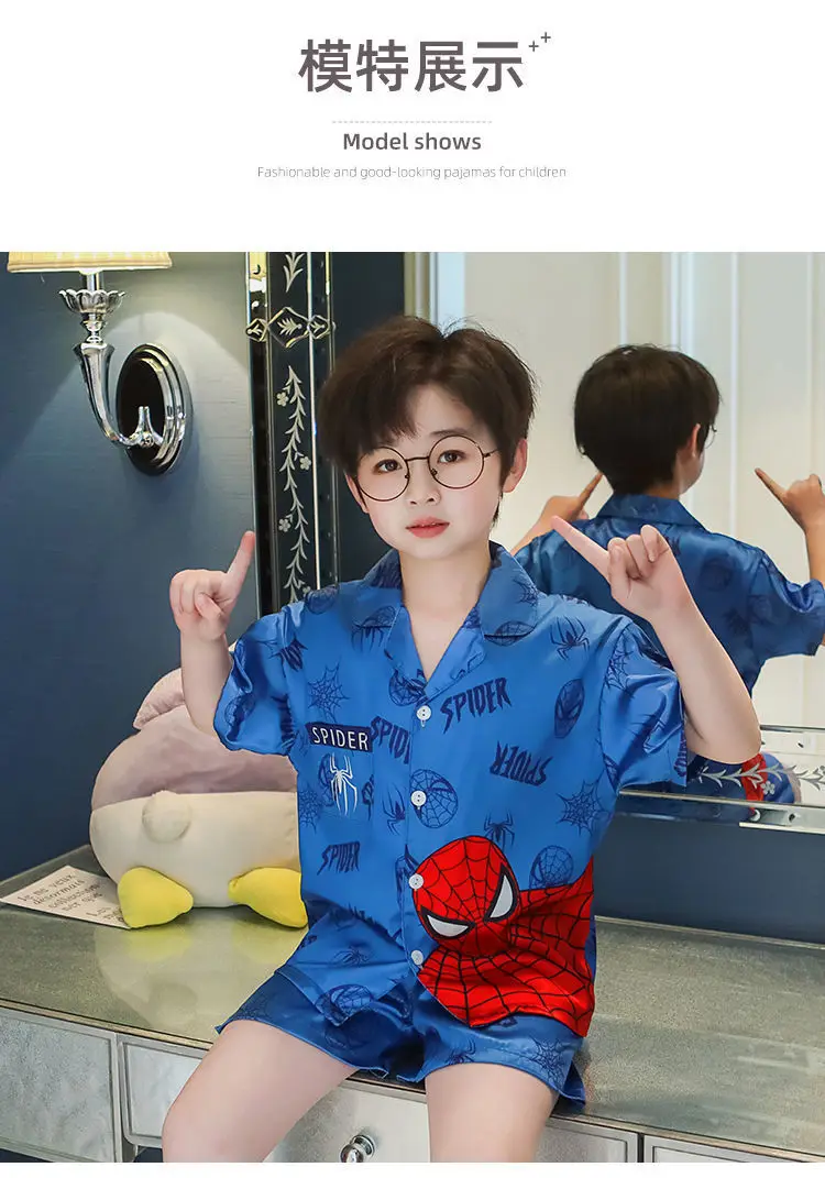 Spiderman Boys Pajamas set Summer Ice Silk Short-sleeved 3-15 Years Old Children's Simulation Silk Children's Night Clothes night gowns cheap