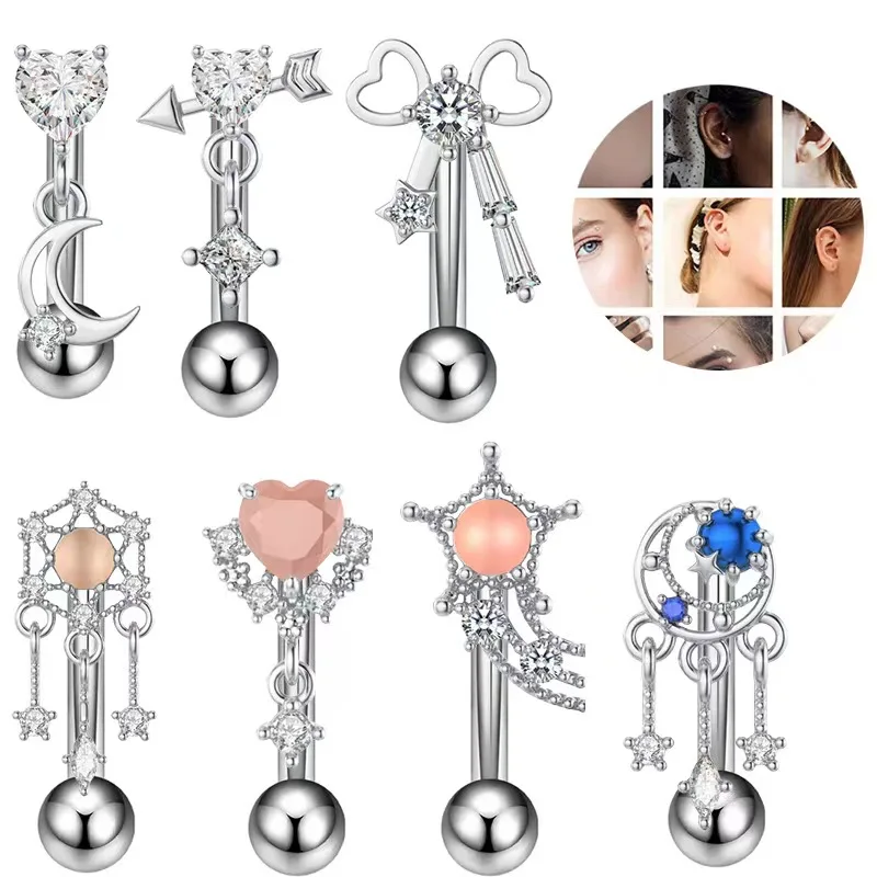 1PC CZ Dangle Curved Barbell for Eyebrow/Cartilage Piercing, Stainless Steel Eyebrow Ring with Tassel Charm