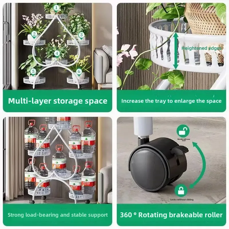 Heart-Shaped Iron Multi-Tier Plant Stand with Wheels Living Room Flower Stand Indoor Decorative Green Plant Shelf Heavy Loading