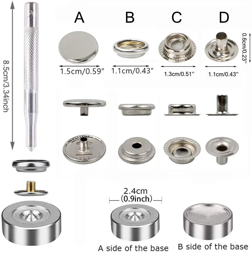 100pcs 15mm Canvas Snap Kit Marine Grade Snap Fastener Stainless Steel Snap Buttons for Boat Cover,Sewing Leather,Clothes,Tent