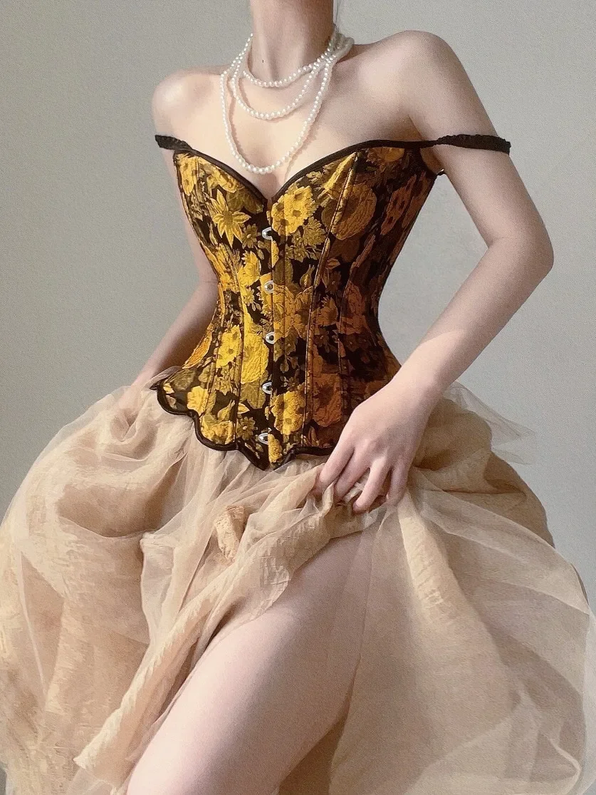 Description Picture 5 of itemWomen Sunflower Oil Paiting Floral Embroidery Corset Vintage Shapewear Bustiers Overbust Bust Shaping Tank Tops Tight Top