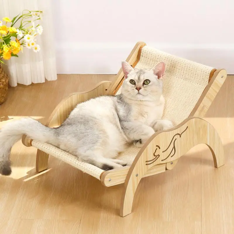 

Mini Cat Sisal Scratcher Beach Chair Elevated Bed Adjustable Natural Wooden Lounger With Sisal Mat for indoor kittens supplies