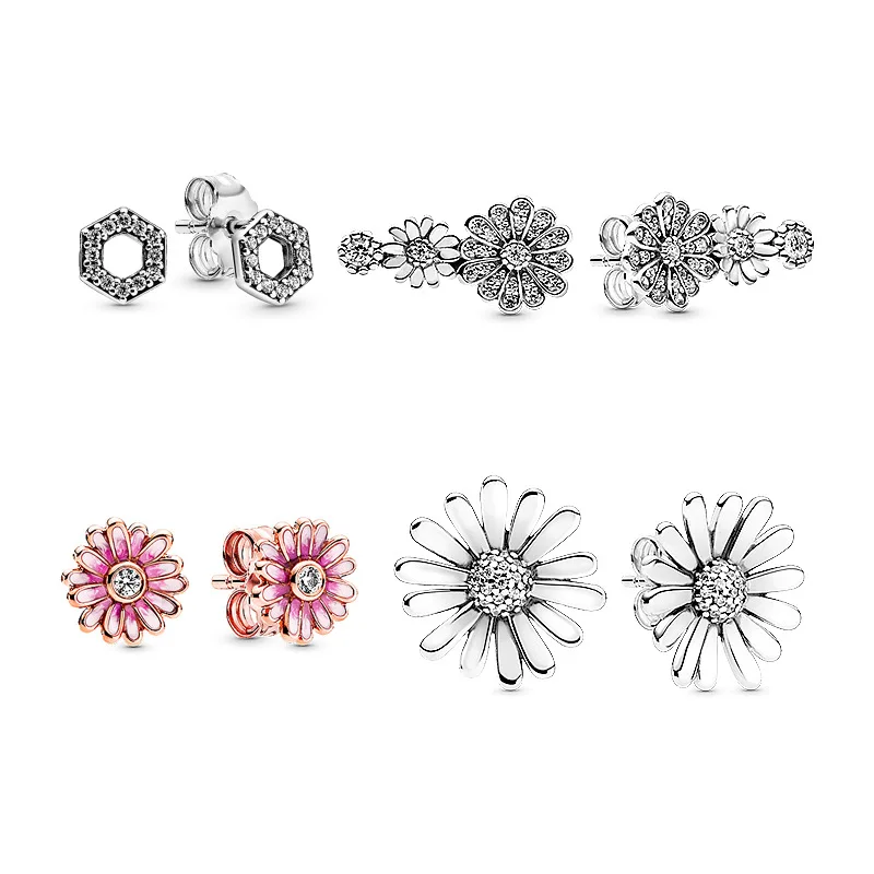 

925 Sterling Silver Pandora Earring Pave Daisy Flower Statement Stud Earrings For Women Wedding Party Jewelry