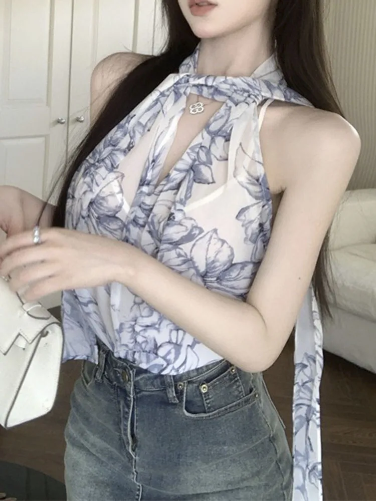 

Women's Elegance Halter Camis Print Summer Backless Tank Tops V Neck Sexy Crop Top Y2k