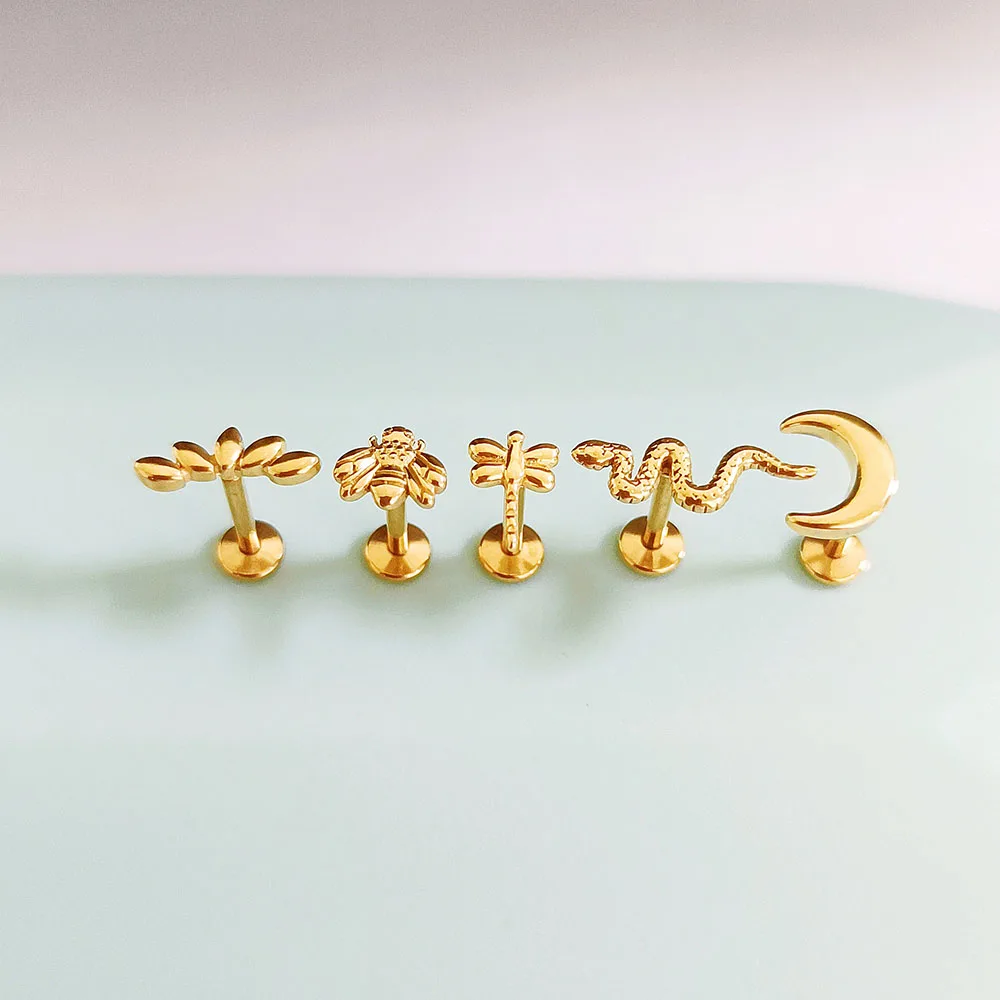 ASTM F136 G23 Titanium Snake Bee Drop Threadless Piercing Moon Cross Push in Labret Stud Flower Leaf Pin Daith Conch Earring 16G