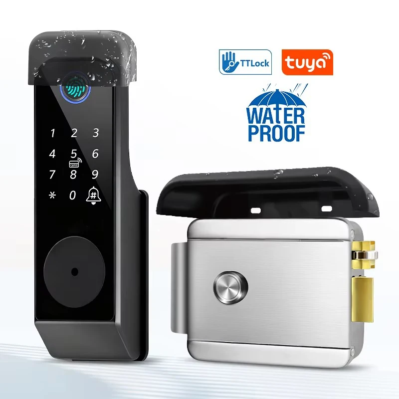 قفل باب ذكي مقاوم للماء يعمل ببصمة الإصبع مع تحكم عن بعد عبر تطبيق Tuya Wifi وبلوتوث وتطبيق TTLock، قفل ميكانيكي إلكتروني للمنزل.
