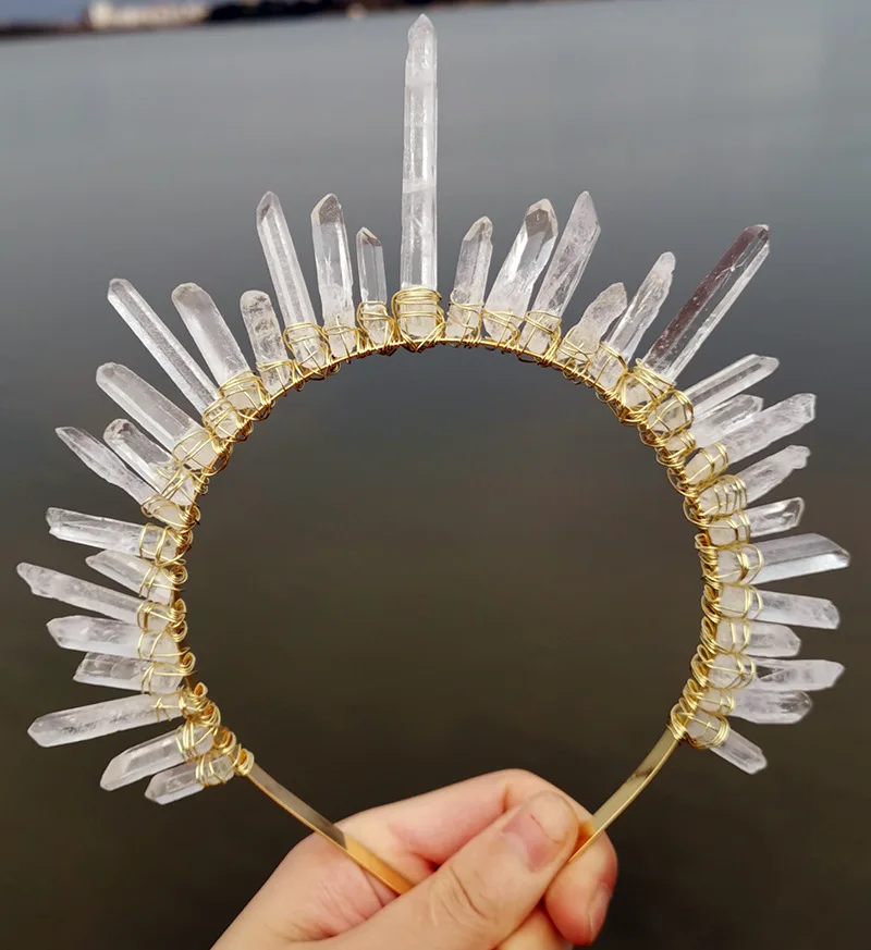 

Natural Crystal Sun Goddess Spiked Headband，Raw Quartz Tiara Crown Hair Hoop Wedding Witch Costume Headpiece for Women Girls