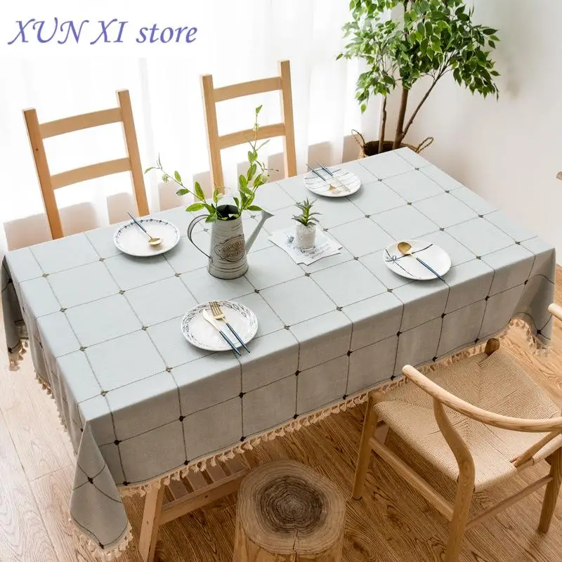 

New Linen Cotton Embroidery Lattice Tablecloth,Rectangular Dustproof Tassels Table Cover Kitchen Dinning Coffee Table Decoration