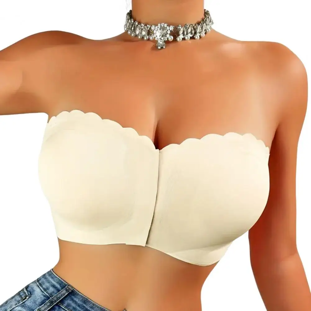 Strapless Bras for Women Wireless Front Closure Bandeau Bra Padded Seamless Push Up Bralettes Gathering Bra