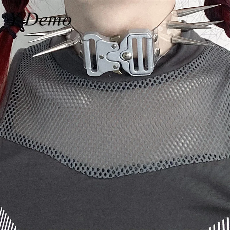 Y Demo Techwear Punk Stainless Steel Buckle Rivets Women's Choker Necklace Rock Accessory Handmade