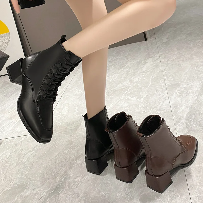 Autumn Women Boots Square Toe Chunky Heel Boots for Women PU Leather Shoes Woman Black Ankle Boots Ladies Casual Shoes