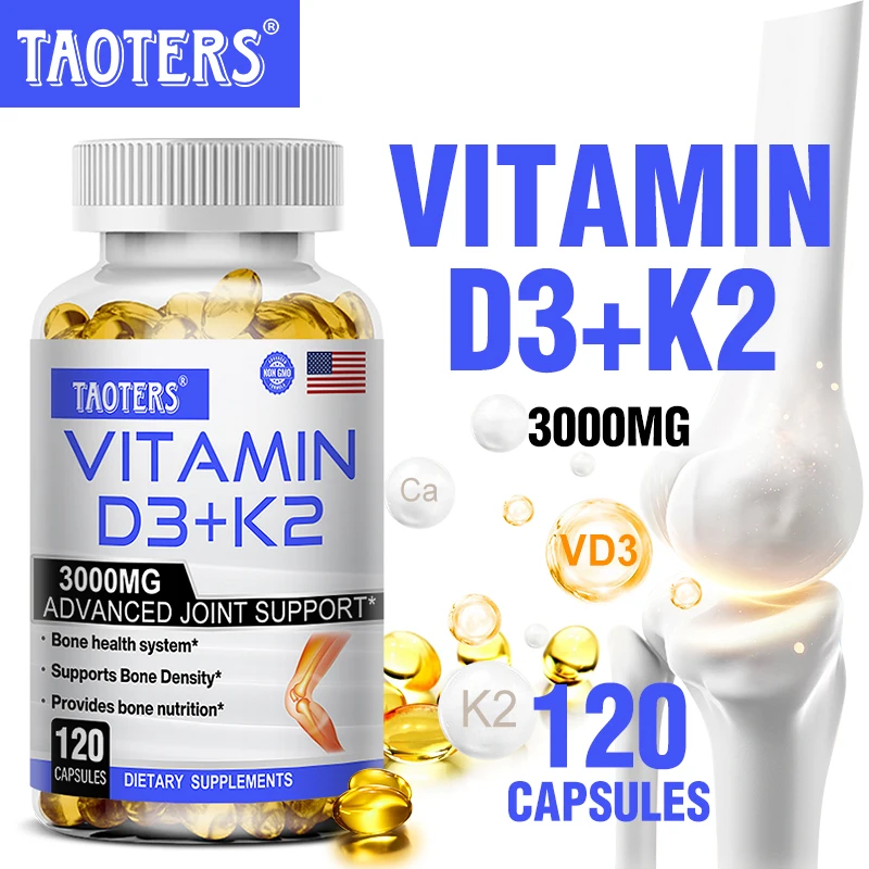 TAOTERS suplemento de vitamina D3 + K2 para apoyar la salud de las articulaciones, los huesos y el sistema inmunológico, fórmula no GMO, complejo de vitamina D y K fácil de golonzar