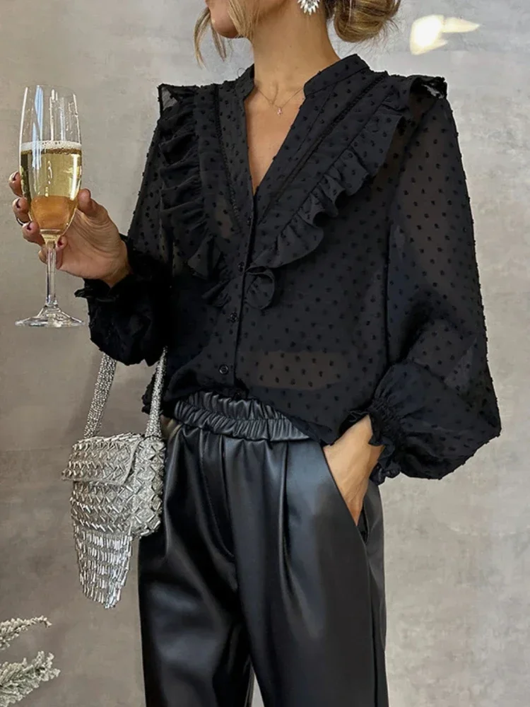 

Spring New Style Women Solid Color Shirt Temperament Clothing V-neck Ruffled Balloon Sleeves Buttoned Long Sleeve Female Shirts
