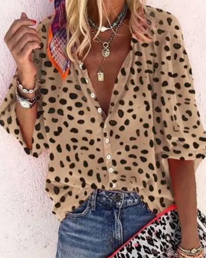 

Women's Summer Shirt Black Irregular Dot Short Sleeved Lapel V-Neck Full Package Printed Button Design Casual Top