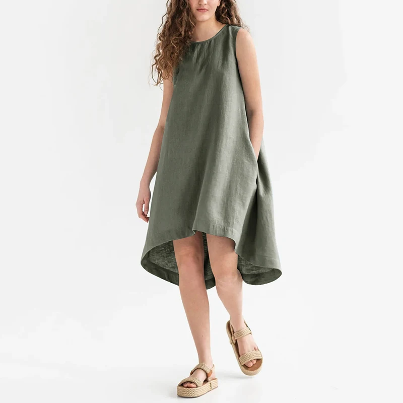 

2023 New In 100% Linen Women'S Summer Dress Solid Sleeveless Asymmetric Back Button Birthday Party Dresses Casual Boho Sundress