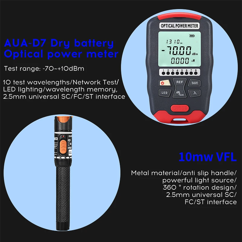 광섬유 도구 키트 AUA-X5 섬유 절단기, 시각적 결함 로케이터, FTTH 도구, 광섬유 파워 계량기, 광학 가방, 10MW