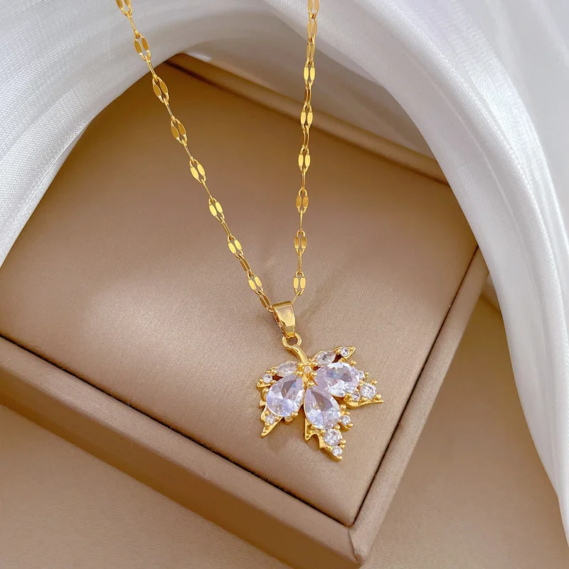 ZAKOL Luxury Shiny AAA Zircon Maple Leaf Engagement Jewelry Set Exquisite Titanium Steel Earring Necklace Sets For Women jewelry sets