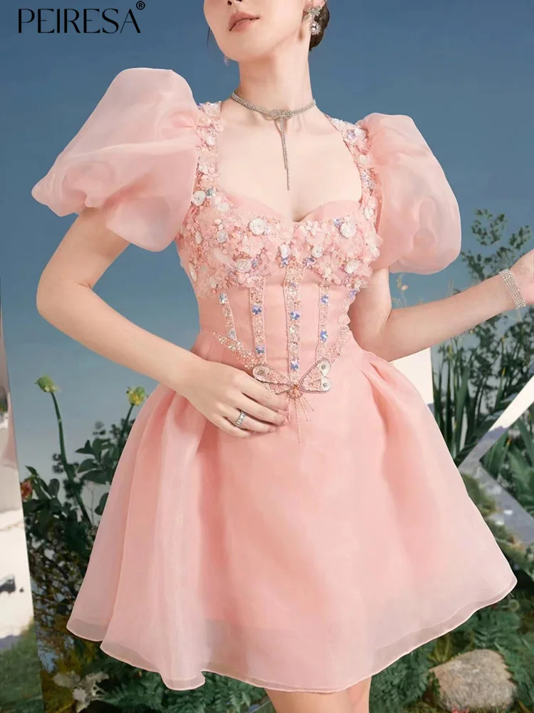 

PEIRESA Pink Beading Sequins Puff Sleeve Party Dresses For Women 2023 Summer New In Square Collar French Elegant Short Dress