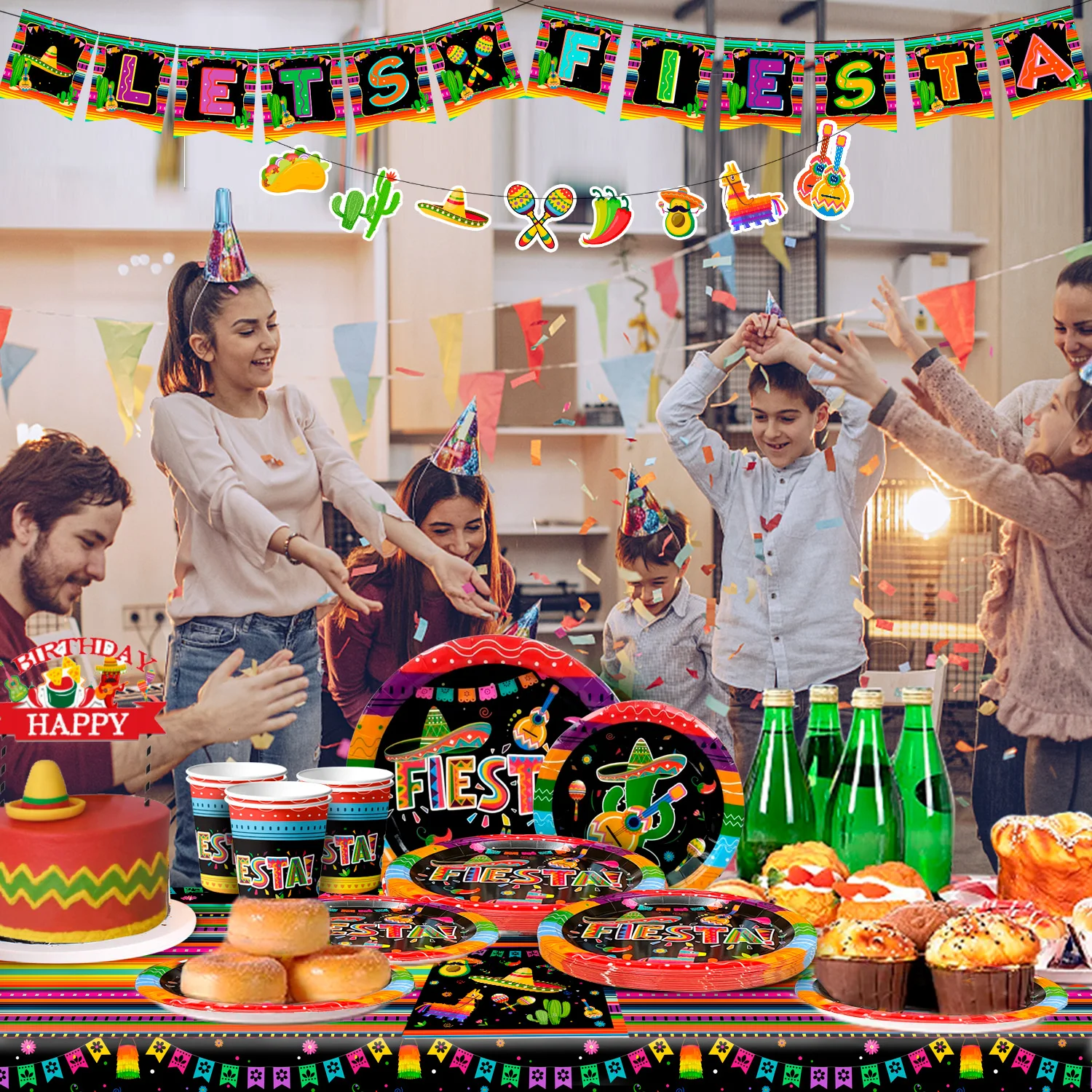 Set Completo Fiesta Messicana 226 Pezzi: Piatti, Bicchieri E Palloncini Per Compleanno Cinco De Mayo (Servizio 24 Persone)