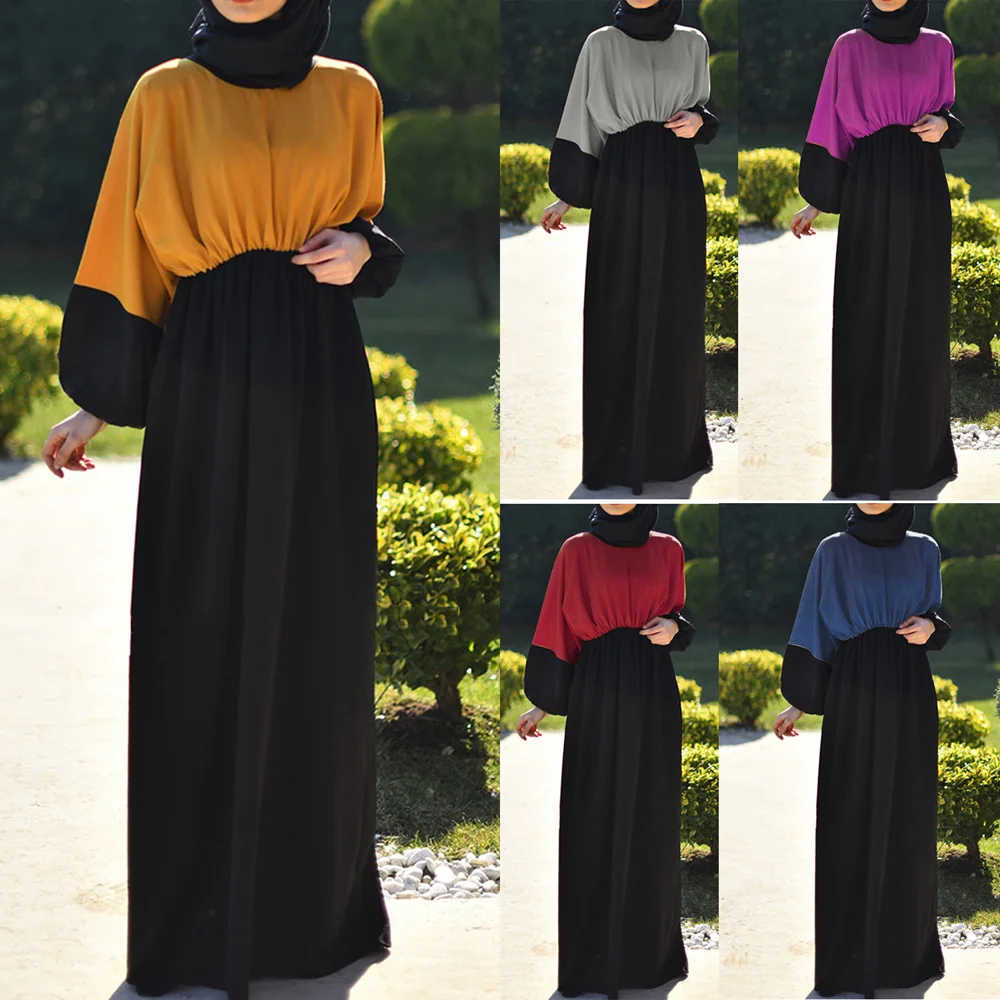 

Women Muslim Maxi Abaya Dress Loose Kaftan Long Sleeves Patchwork Dubai Turkey Islam Clothes Caftan Robe Modest Gown Ramadan