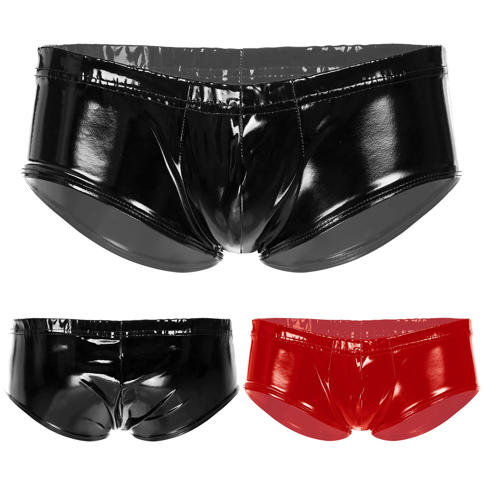 Mens Glossy Patent Leather Low Rise Briefs Rave Party Nightclub Soild Color Bulge Pouch Elastic Waistband Underpants Underwear