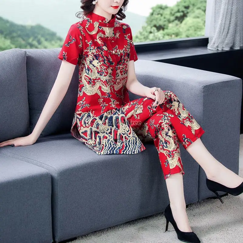 Chinese new national style cotton linen fashion casual suit female tang suit top pants improved cheongsam two-piece set s83