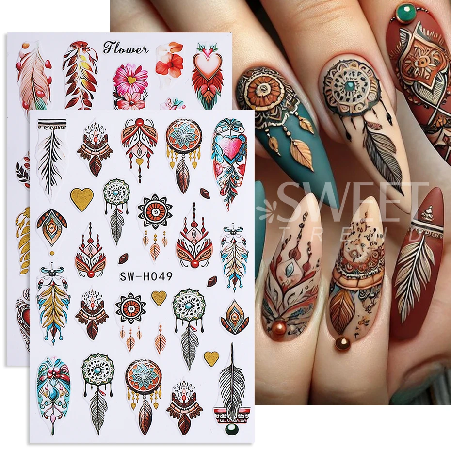 3pcs Bohemian Nail Stickers Bronzing Love Heart Petals Dreamcatcher Design Adhesive Nail Decals DIY Manicure Decoration Slider