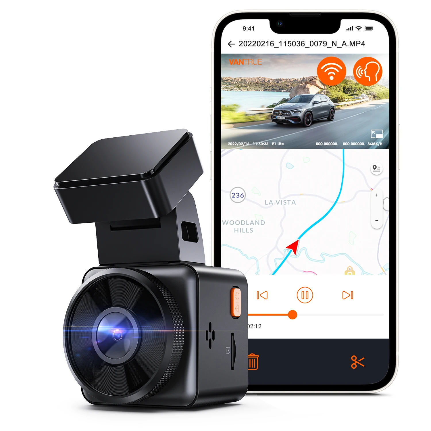מצלמת רכב Vantrue E1Lite Dashcam 1080P WiFi Mini Dash Cam עם GPS ושליטה קולית במהירות מצלמת רכב נשלפת מצב חניה 24 שעות
