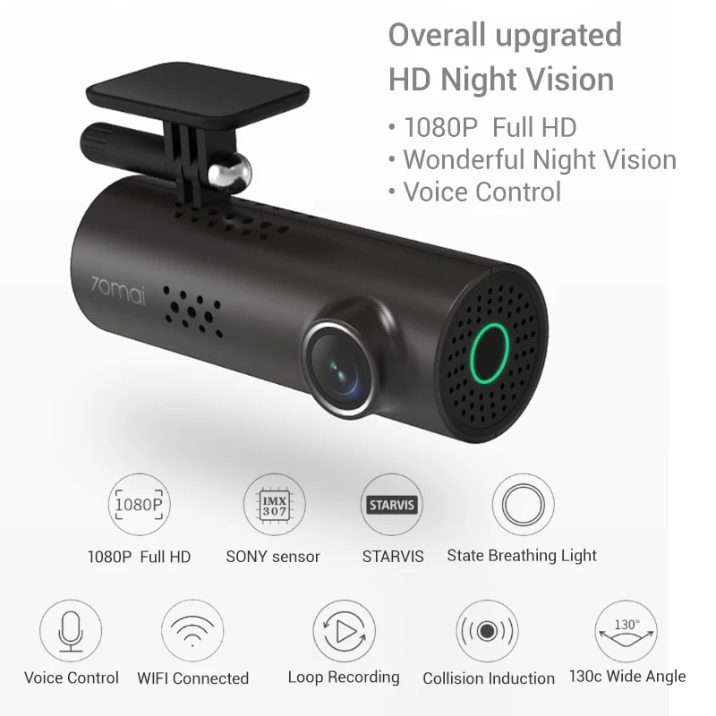 70mai Smart Dash Cam 1S, Dash Cam Recorder Camcorder, 1080p, Night Vision, Wide Angle, G-Sensor, Loop Recording, App Wifi, Voice Control (2020)