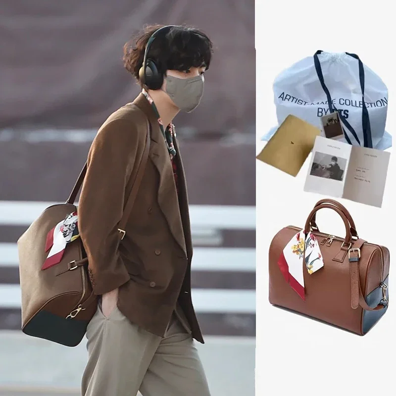 KPOP Boys Boston Bags V Design Mute Unisex Bostons Crossbody Bag PU Large Capacity Shoulder Bags with Silk Scarf Bag Organizer