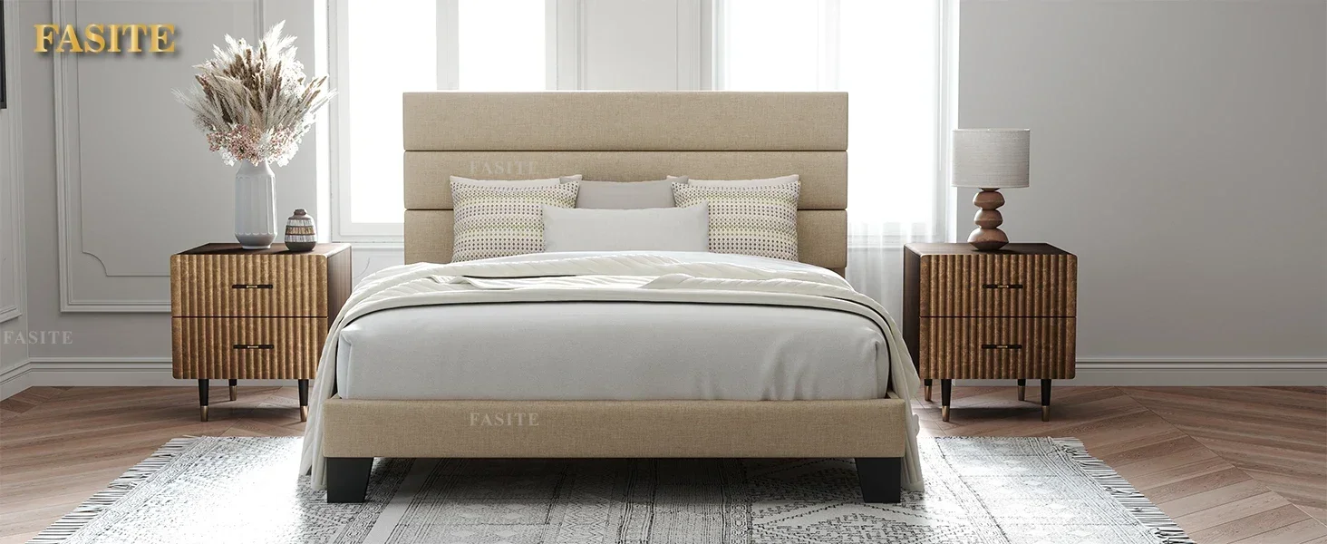 beige queen size bed frame with headboard