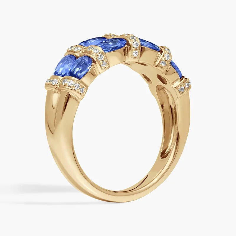 Ost-West Doppelreihiger Labor-Saphir-Diamant-Ring Labor-gezüchteter Ovaler Saphir und Labor-Runddiamant-Ring 9K/14K/18K Gelbgold-Ring – Detail 3