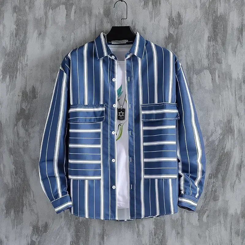 Male Top Striped Men's Shirt and Blouse Long Sleeve with Pocket Clothes High Quality Sleeves Regular Asia Social Slim Fit Button