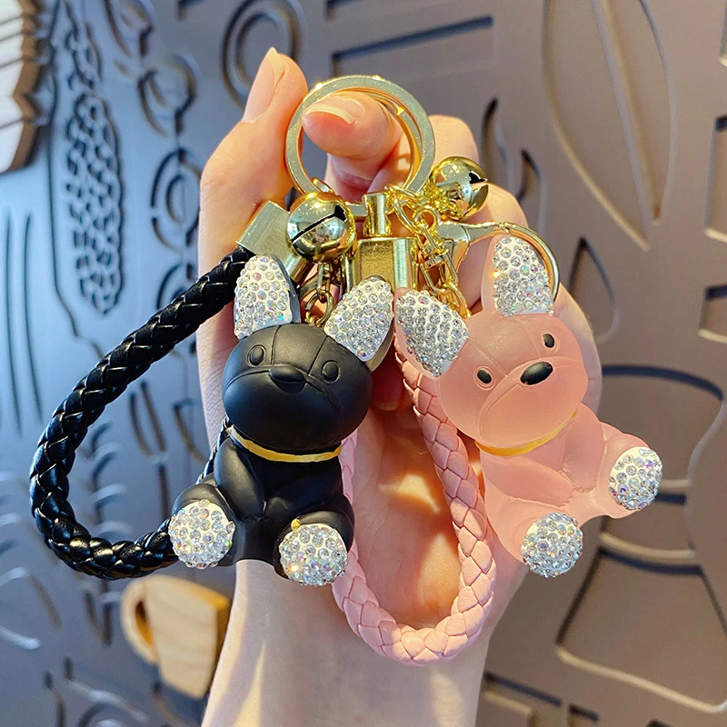 Cute Rhinestones Crystal Dog Keychain Charm pug Pendant Women Bag Car KeyRing Phone Fine Jewelry Accessories Kids Girl Gift