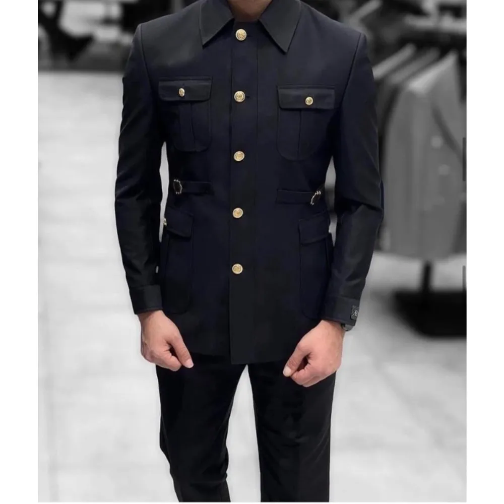

Safari Men Suits Gold Button Wedding Party Turn-down Collar Slim Fit Business Groom Dress Tailored Social Costume Homme 2 Pieces