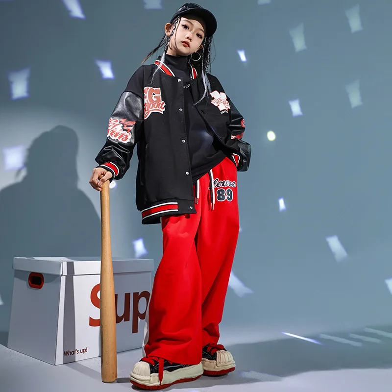 

Girl Hip Hop Dance Costumes Black Printed Patchwork Baseball Uniform Red Casual Pant Set Streetwear Boy Jazz Performance Clothes