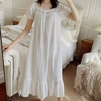 Palace Short Sleeve Summer Nightdress Women Gown 100% Pure Cotton Nightgown Thin Loungewear White Long Robe Dropshipping - Image 2