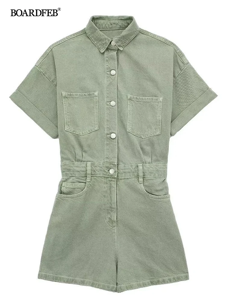 2023 Women Denim Jumpsuits Casual Tops One Piece Outfit Solid Color Fashionable Simple Comfortable Cotton Linen Loose Shorts
