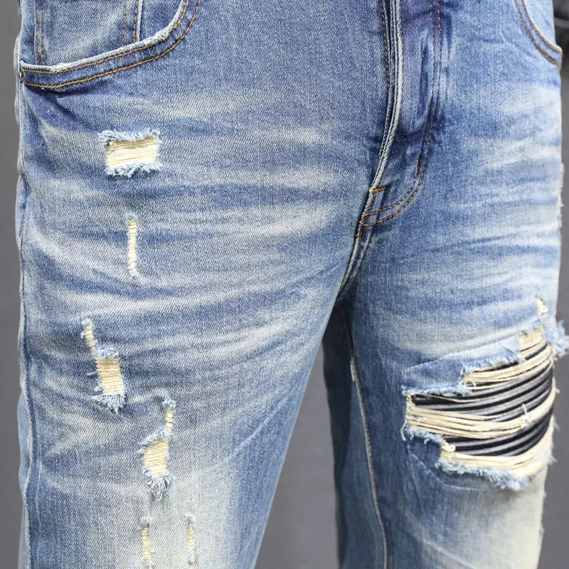 High Street Fashion Men's Split Jeans Vintage Elastic Tight Vintage Washed Blue Jeans Men's Painted Designer Hip Hop Brand Pants