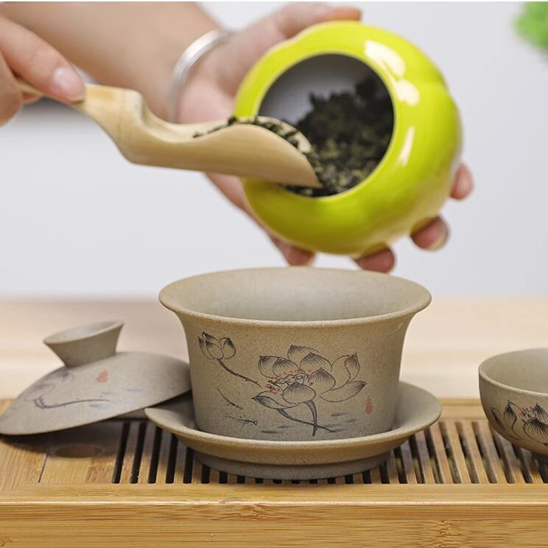 Jingdezhen ceramic Gaiwan bowl Chinese style Stoneware retro tea set Handmade Bubble tea bowl Travel Tea cup 150ml